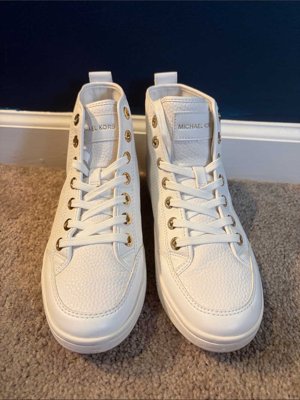 Michael Kors Shea White Leather High Top Sneakers Gold Hardware Size 6